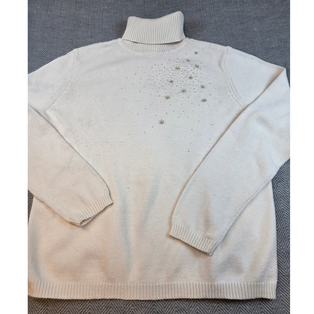 Cherokee Cream Turtleneck Sweater Embellished Gold Stars Sequins Large Vintage